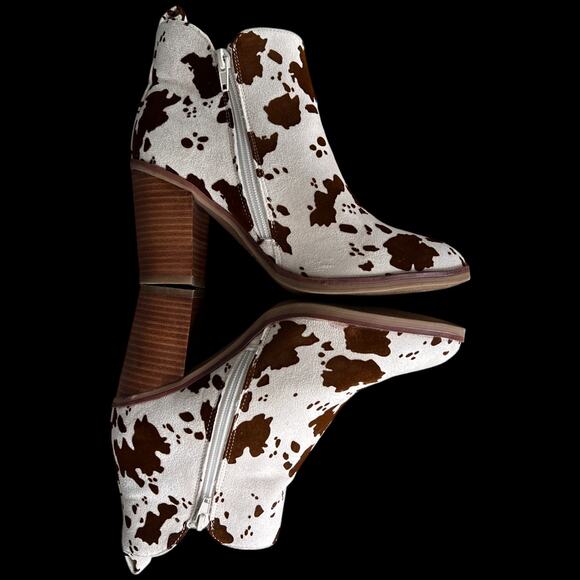 MIA Women's Size 6.5 Ivory Brown Cow Print Ankle Boots Heeled Western Boots - Picture 10 of 14